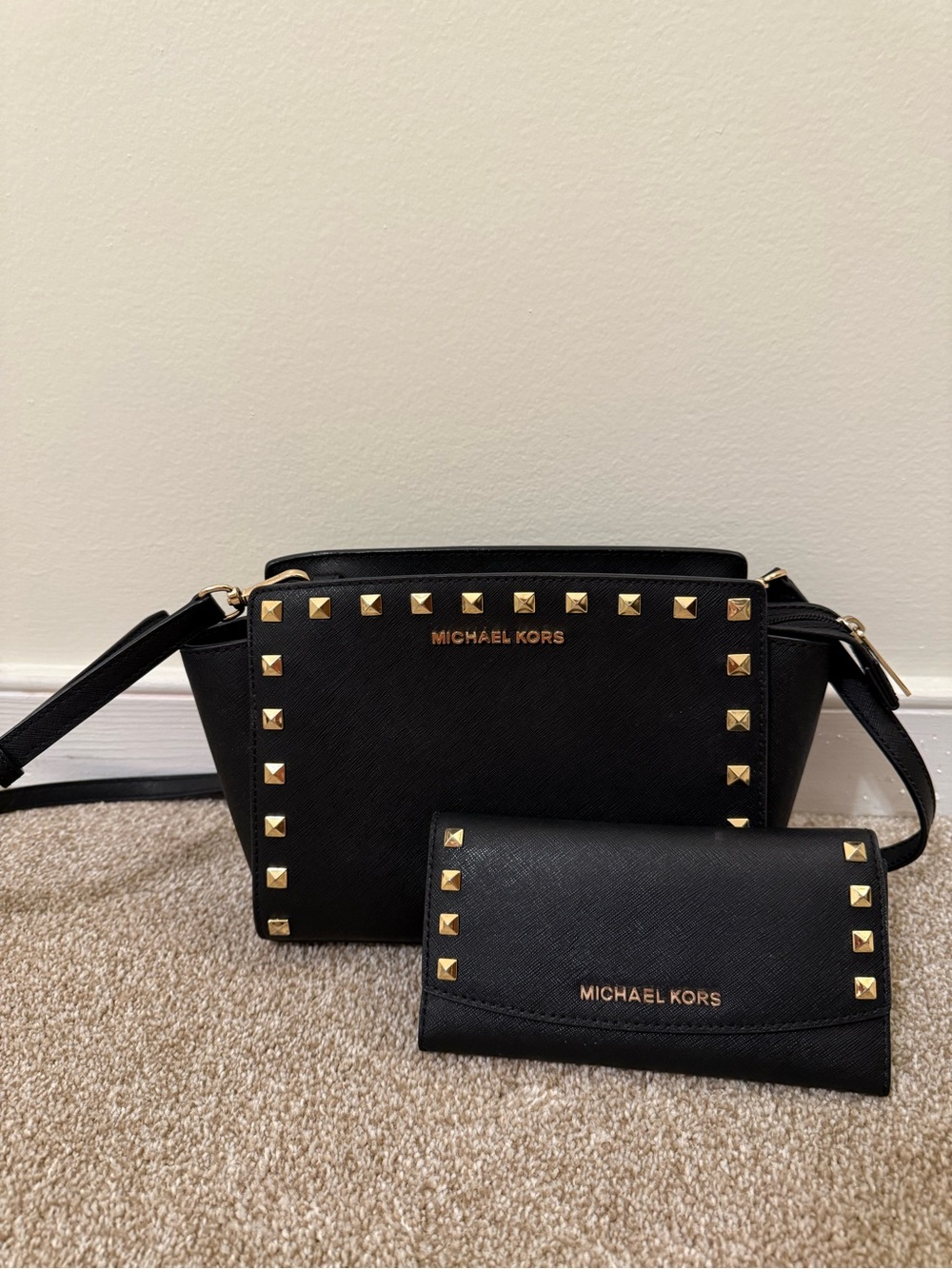 Michael Kors Black Studded Crossbody Bag with Matching Wallet